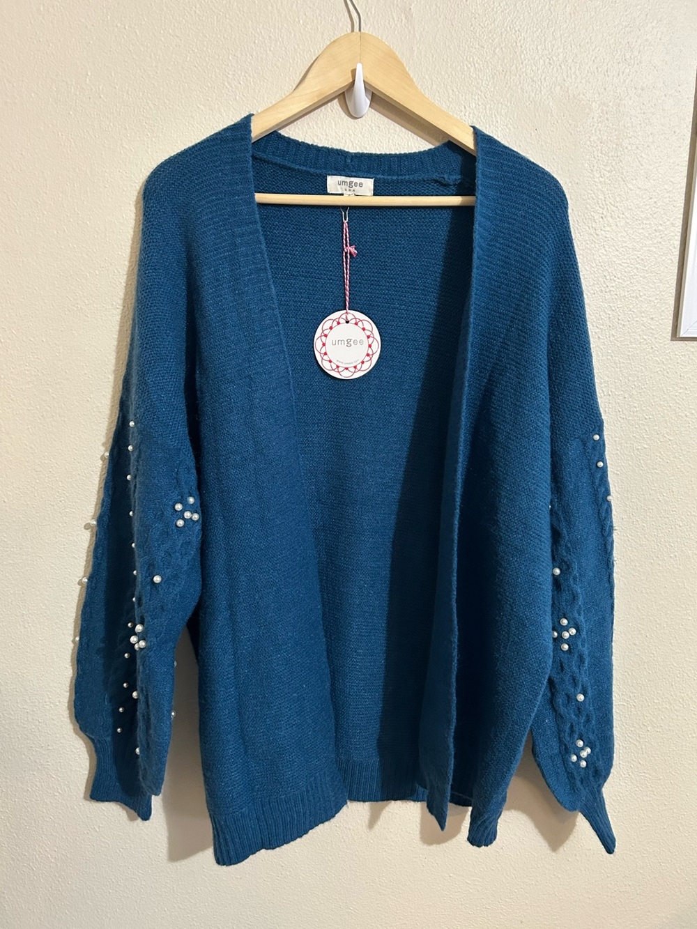 Umgee Teal Pearl-Embellished Open Cardigan Sweater Size Large Oversized